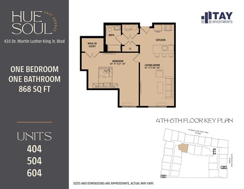 Floor plan for 1 bed, 1 bath, 868 sqft